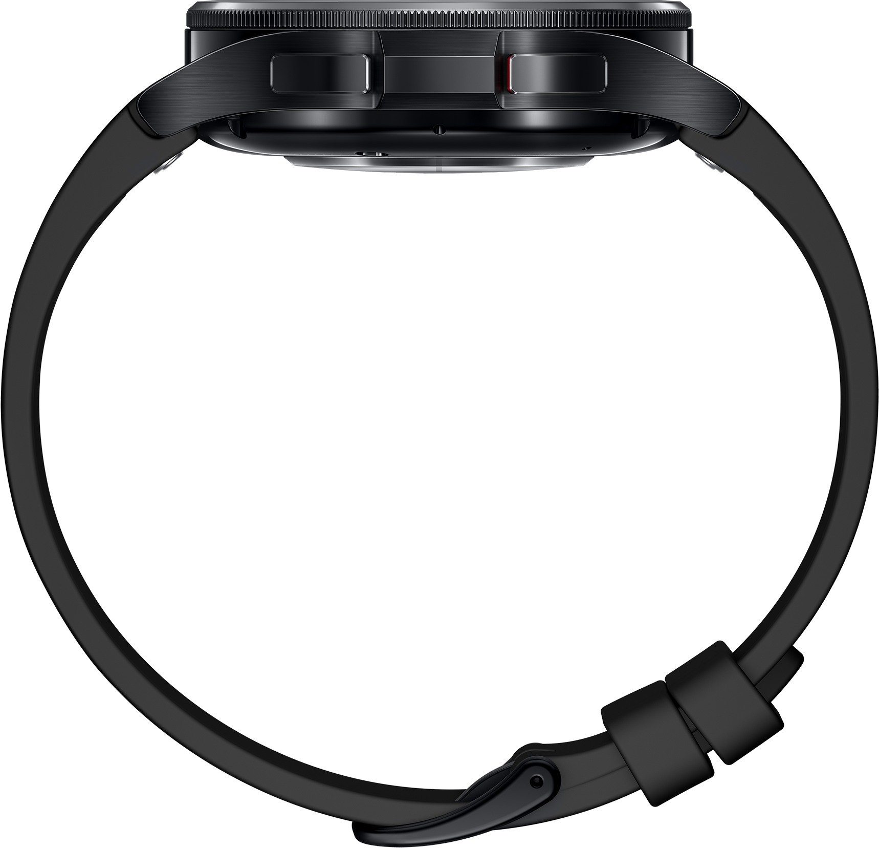 Vue latérale d'une montre intelligente noire avec un bracelet noir.