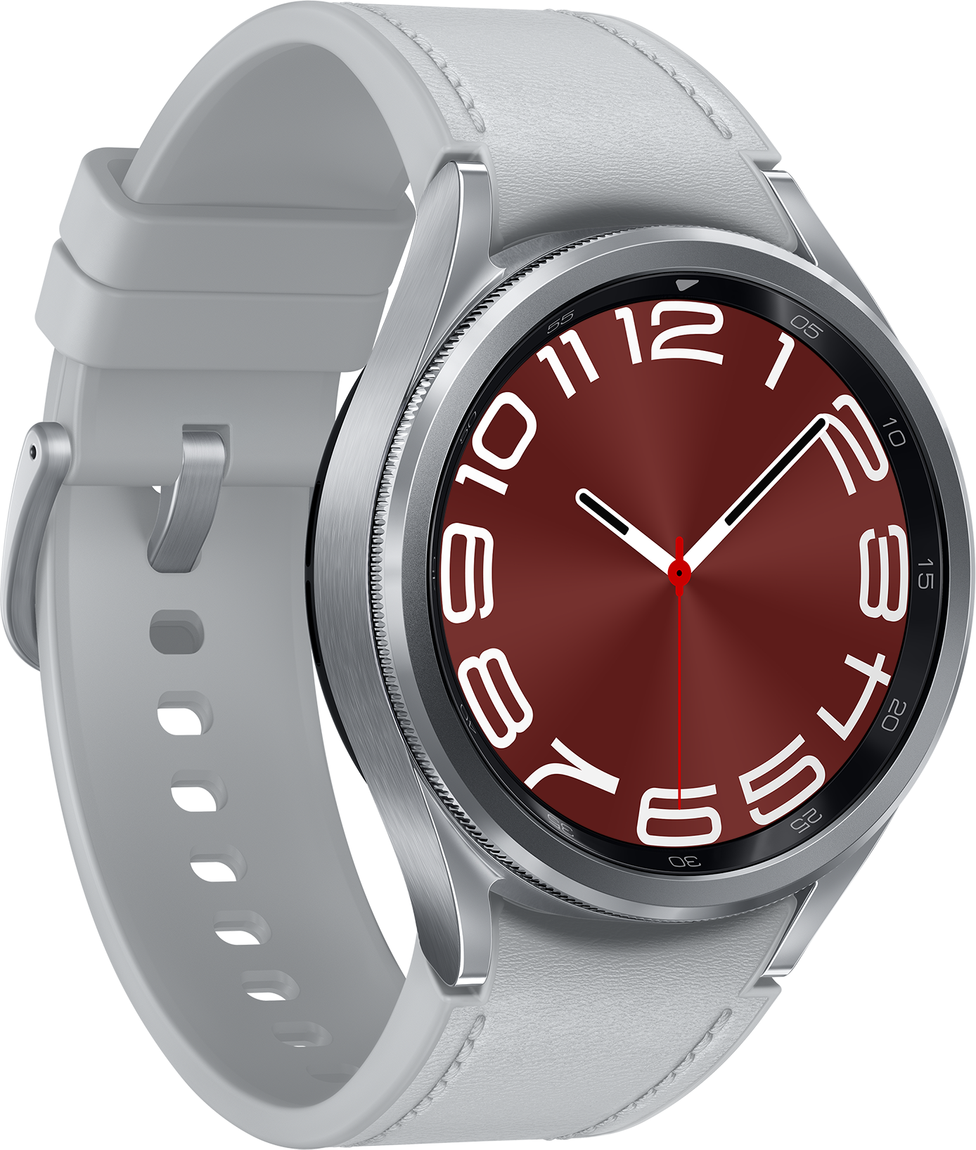 Une montre connectée argentée avec un bracelet blanc et un cadran rouge avec des chiffres blancs.