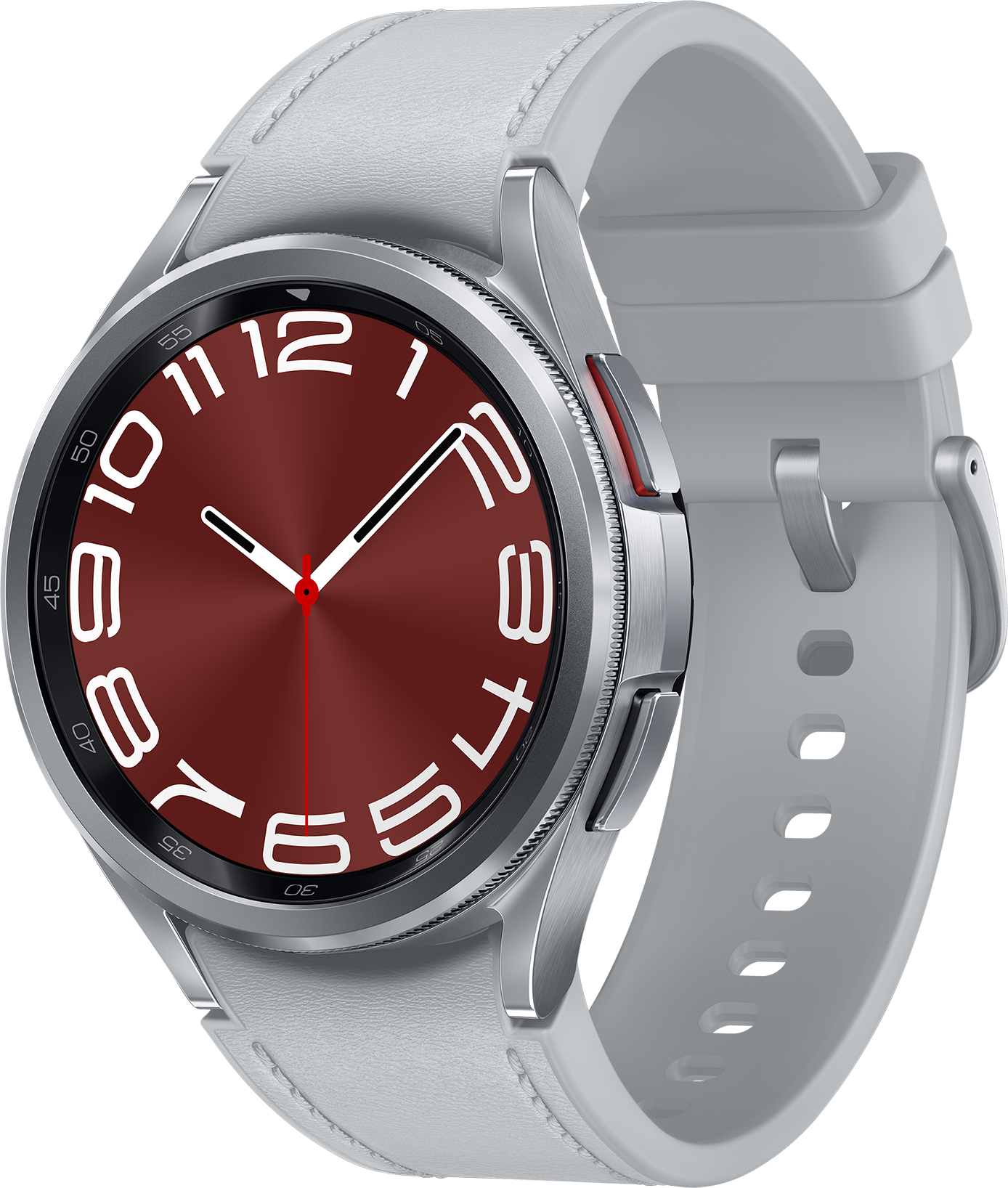 Une montre connectée argentée avec un cadran rouge et un bracelet gris clair.
