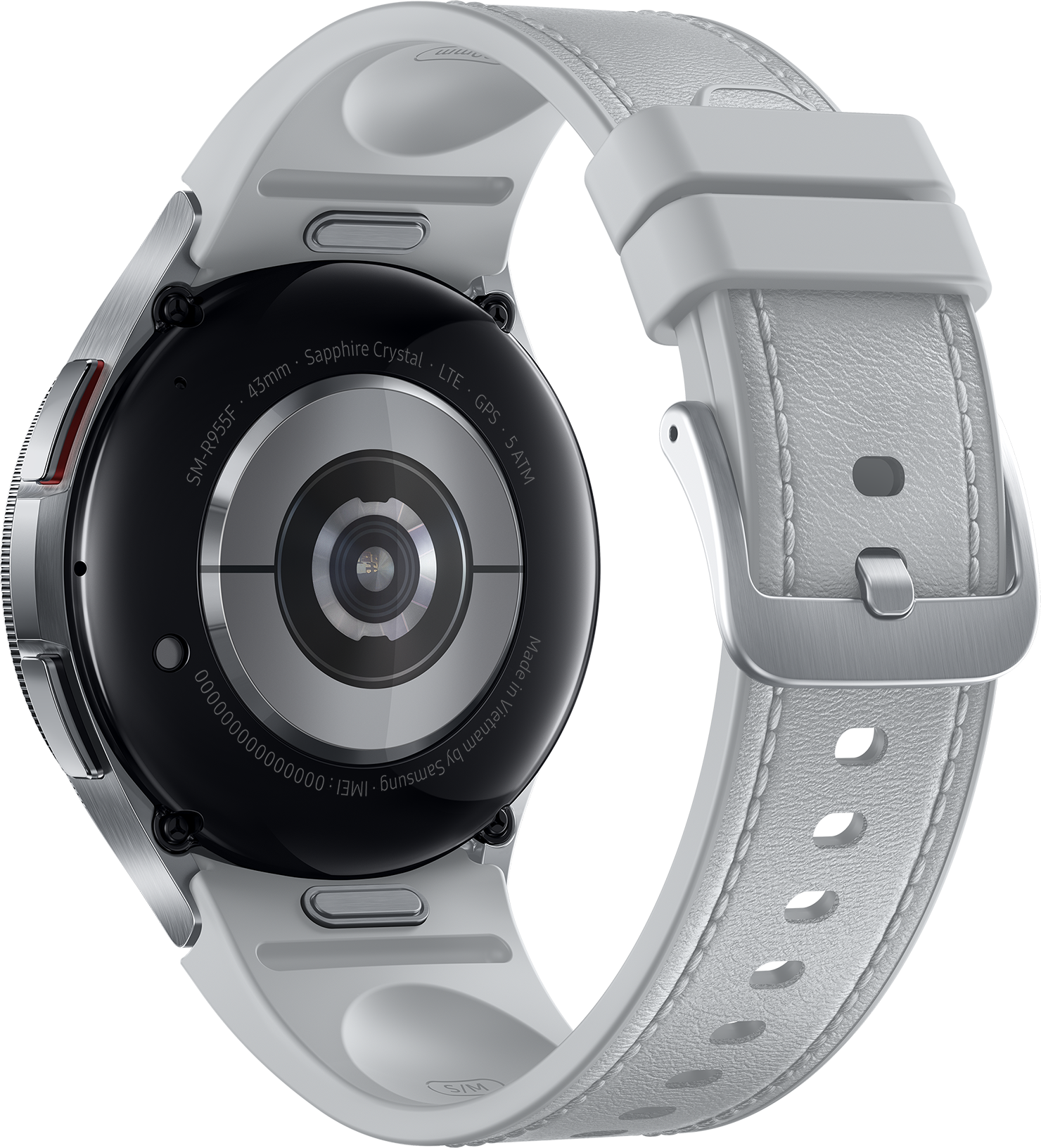 Vue arrière d'une montre intelligente blanche avec zone de capteur noire et bracelet blanc.