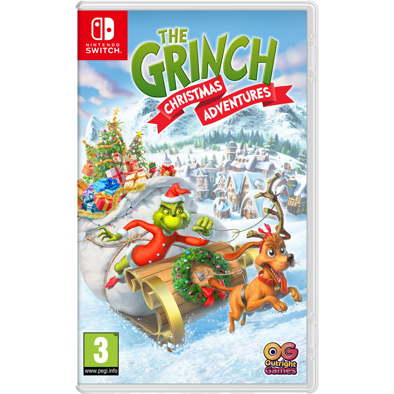 Nintendo Switch gamebox voor 'The Grinch Christmas Adventures', Grinch op een slee.