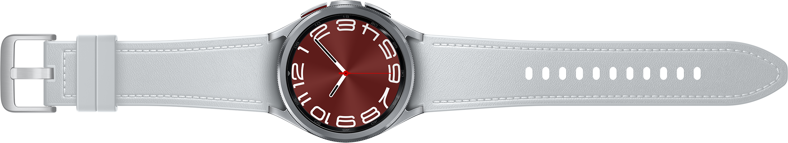 Une montre connectée blanche avec un cadran rouge et un bracelet blanc. Les chiffres sont blancs.