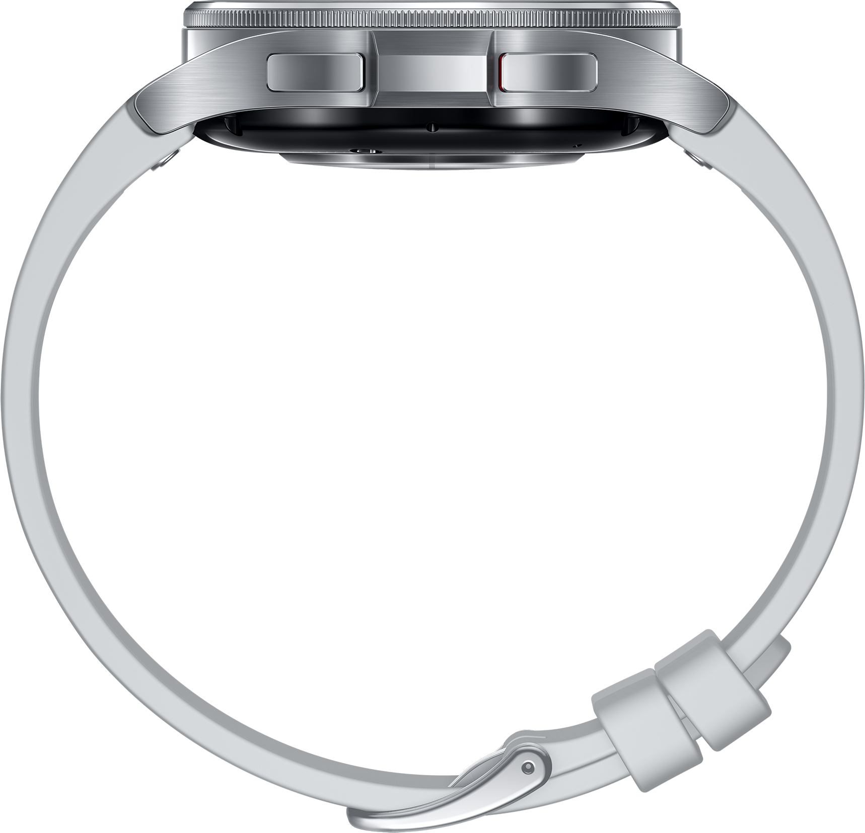 Vue latérale d'une smartwatch crème avec bracelet blanc et boutons sur le côté.