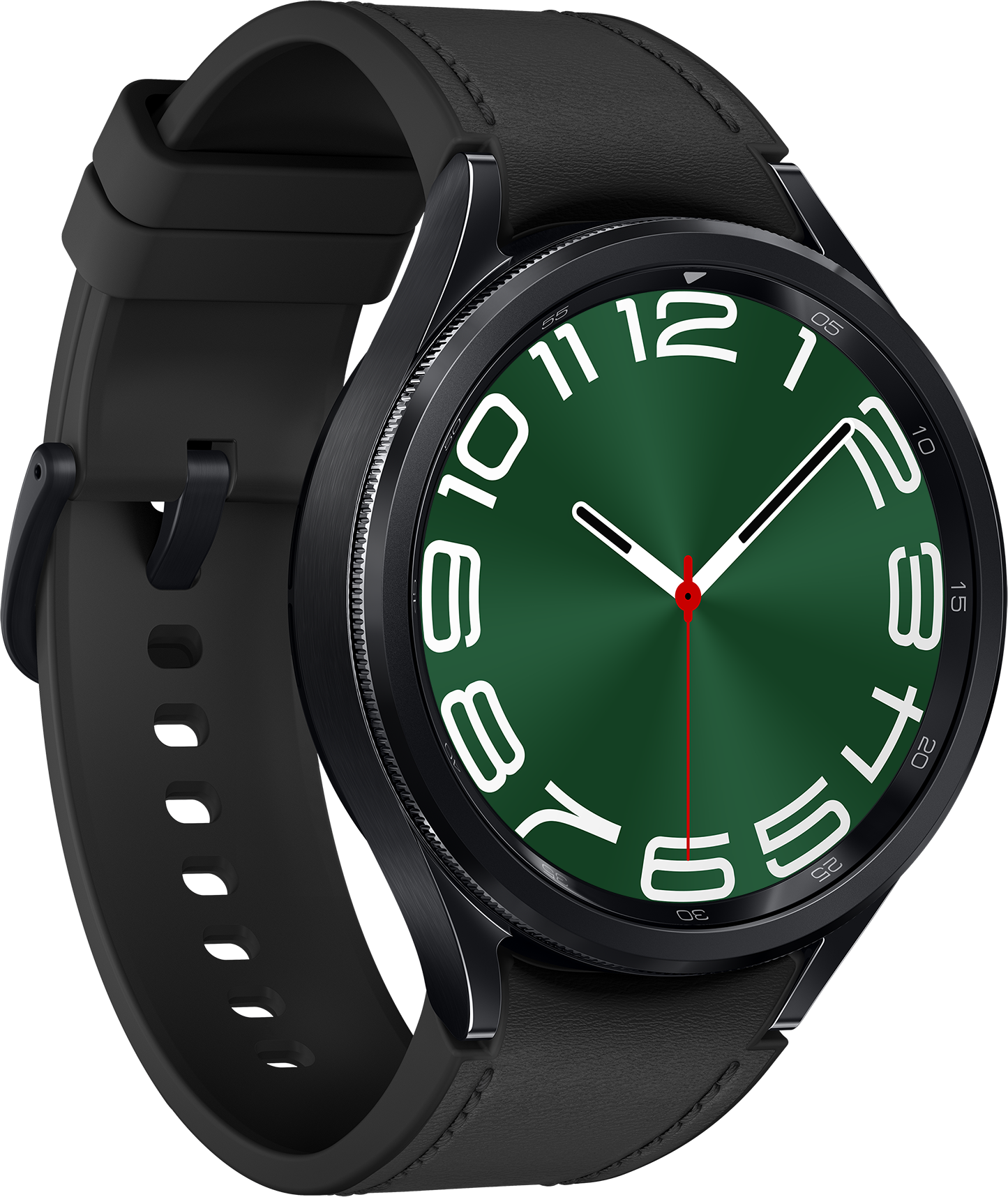 Montre intelligente noire avec cadran vert et chiffres blancs. Le bracelet est noir.