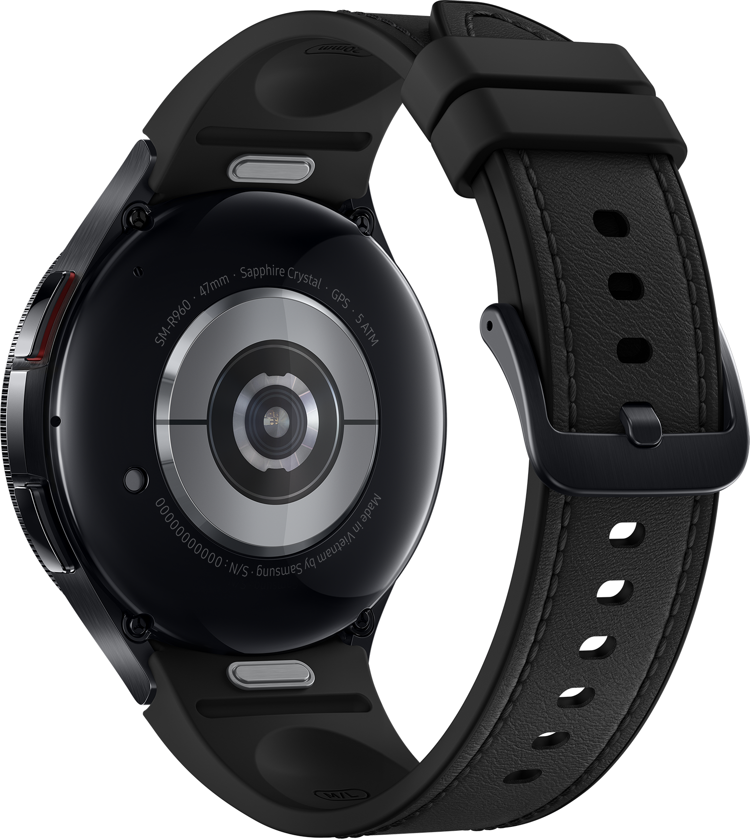 Gros plan d'une montre intelligente noire. Le dos montre des capteurs et les détails de la marque. Elle a un bracelet noir.