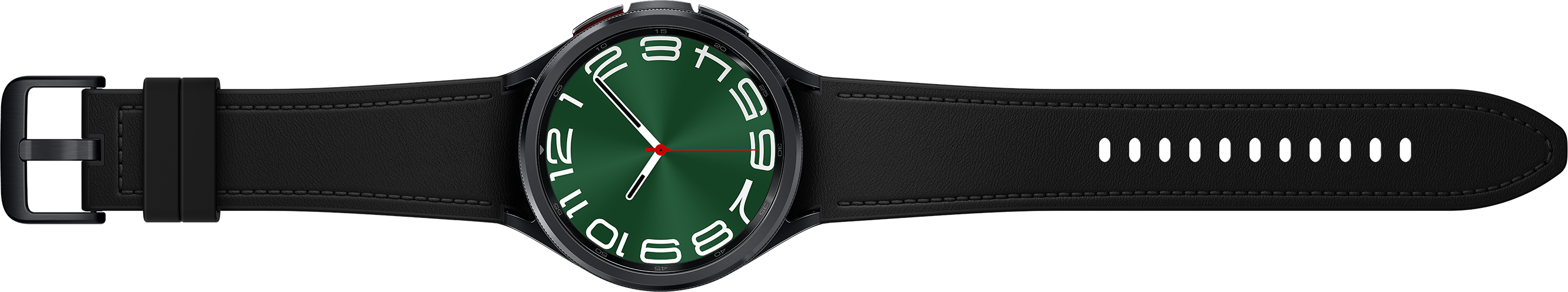 Smartwatch avec cadran vert, chiffres et aiguilles blanches, bracelet noir.