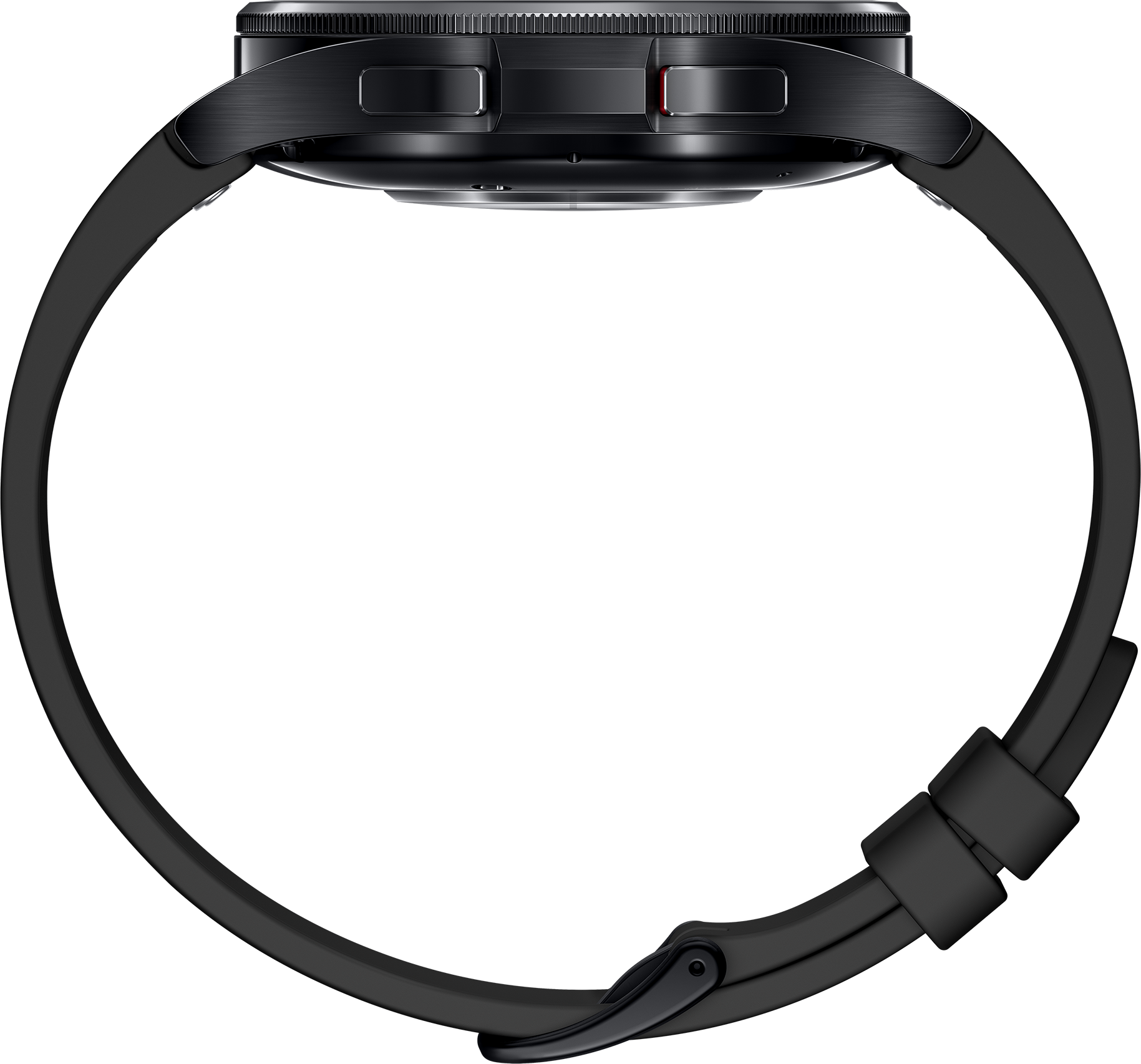 Montre connectée noire, vue latérale, bracelet noir. Design élégant, fond sombre.