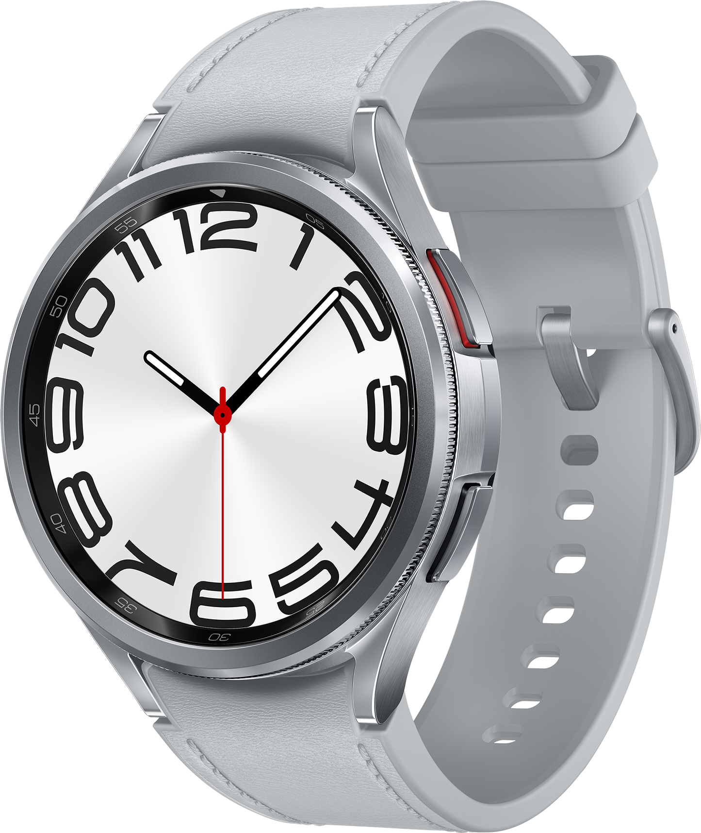 Silberne Smartwatch mit weißem Armband, zeigt die Uhrzeit. Die Uhr hat schwarze Zahlen und einen roten Sekundenzeiger.