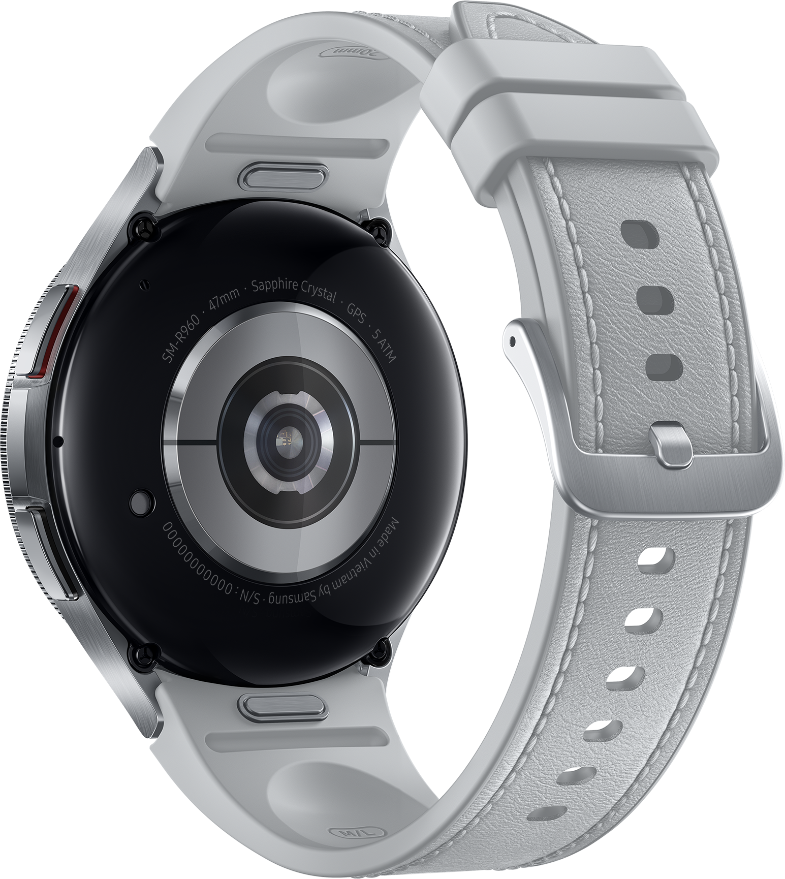 Rückansicht einer Smartwatch mit weißem Armband, schwarzem Gehäuse und Details auf der Rückseite.
