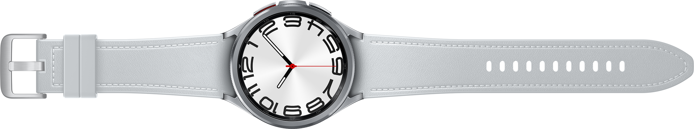 Eine silberne Smartwatch mit weißem Armband. Das Zifferblatt ist silberfarben, mit schwarzen Zahlen und roten Zeigern.