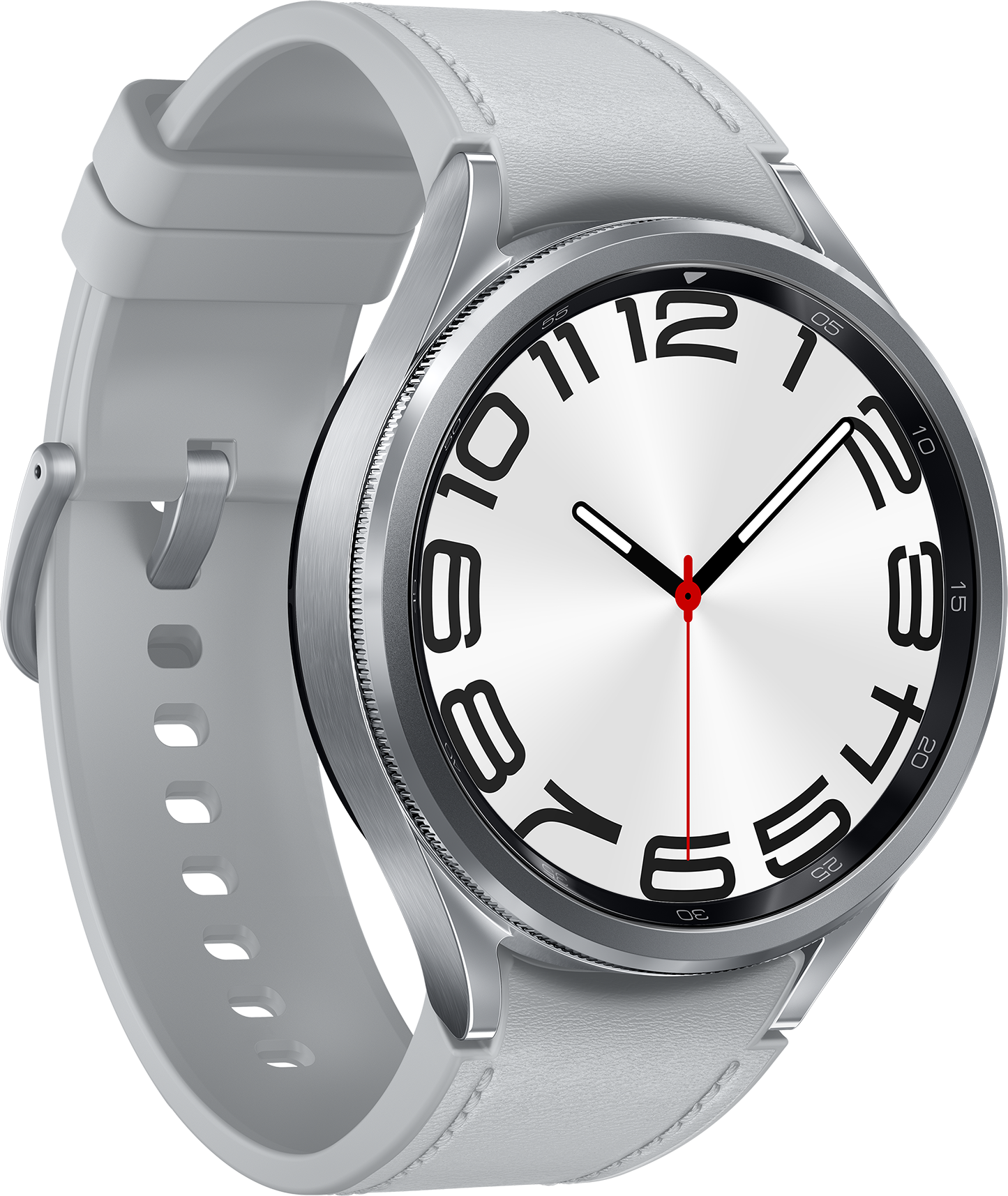 Smartwatch argentée avec bracelet blanc et cadran blanc avec chiffres noirs. Aiguilles noires.