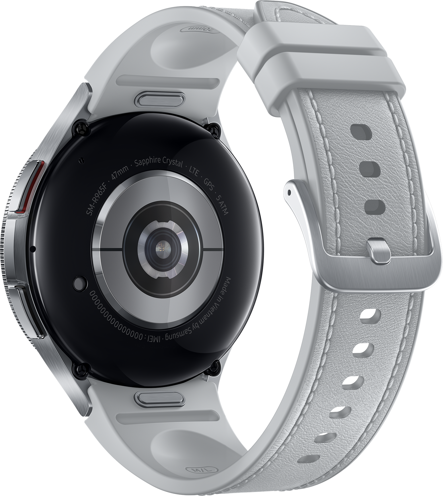 Smartwatch blanche avec bracelet blanc, vue inférieure, fond noir.