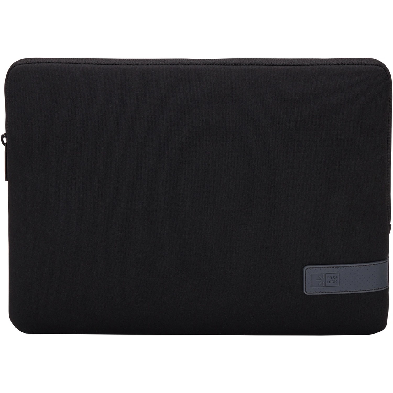 Housse d'ordinateur portable noire avec le logo Case Logic gris foncé. Fond blanc.