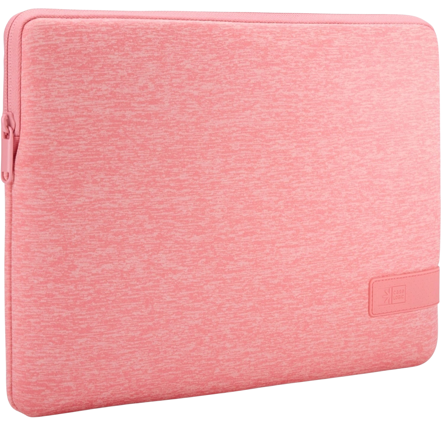 Een roze laptoptas met een rits en een klein Case Logic-logo.