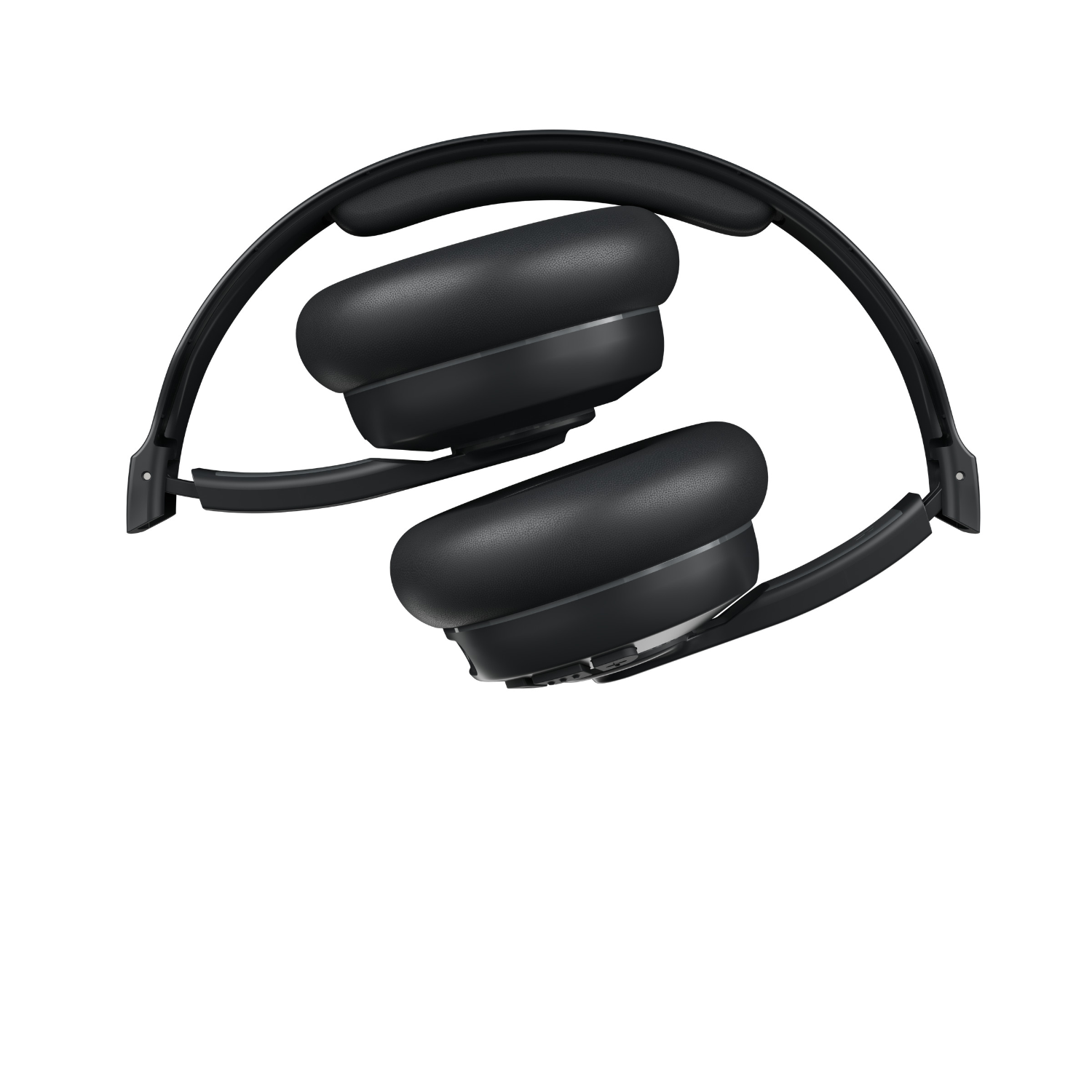 Folded black headphones with earcups. The design is on a white background.