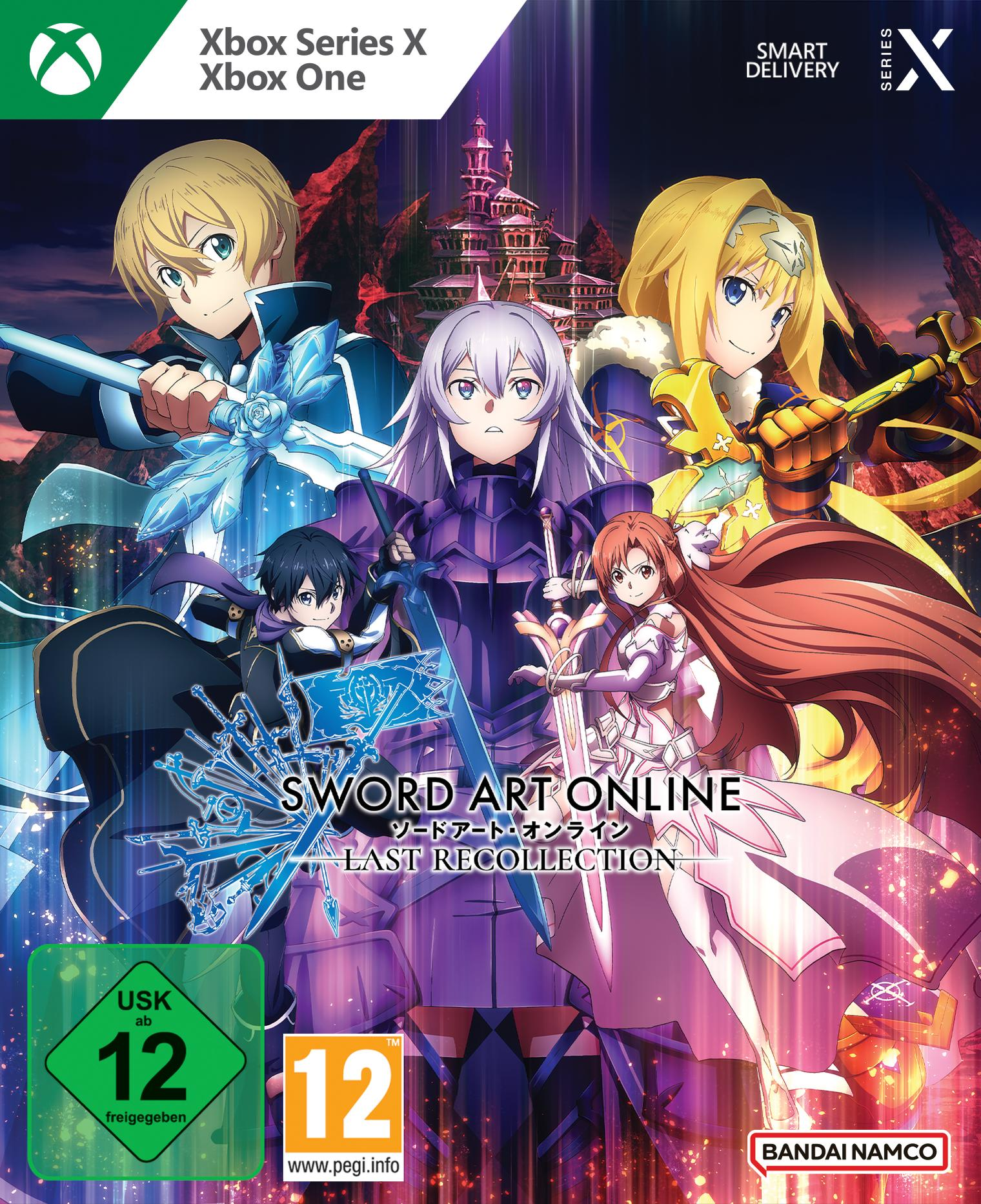 Spielcover: 'Sword Art Online', mit Anime-Charakteren in einer Fantasy-Umgebung, mit einer Burg im Hintergrund.