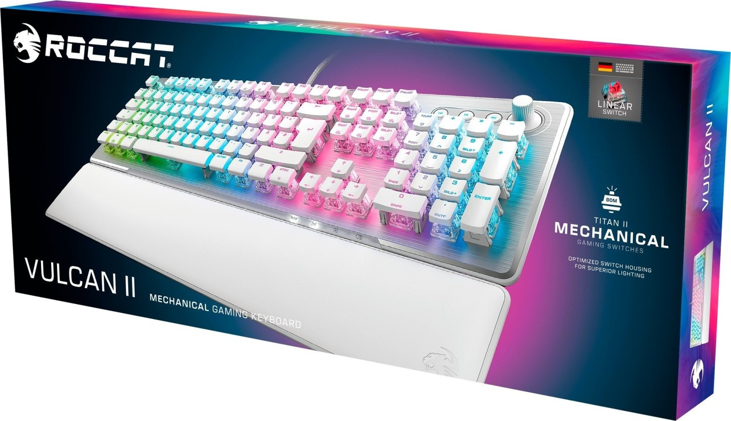 Gaming-Tastatur in einer Box. Weiße Tastatur, RGB-Beleuchtung und Handgelenkauflage.