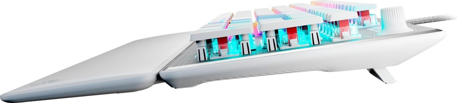 Weißes Gaming-Keyboard mit farbigem Licht. Das Keyboard ist abgewinkelt und einzigartig.