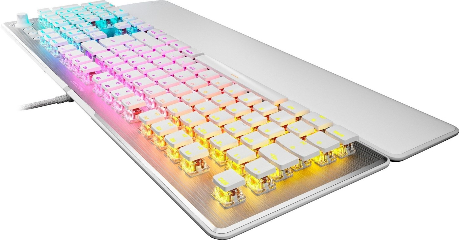 Weiße und silberne Tastatur mit farbig beleuchteten Tasten. Eine Handballenauflage befindet sich rechts.