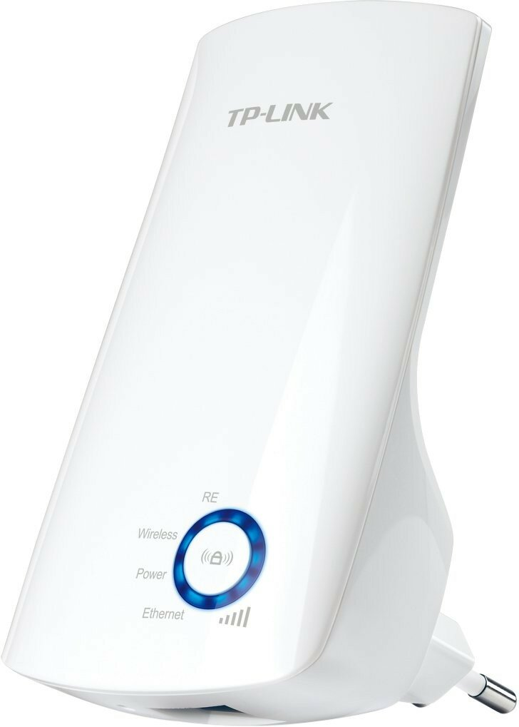 Biały wzmacniacz WiFi TP-Link z niebieskimi światłami, pokazujący sieć bezprzewodową, zasilanie i ethernet.
