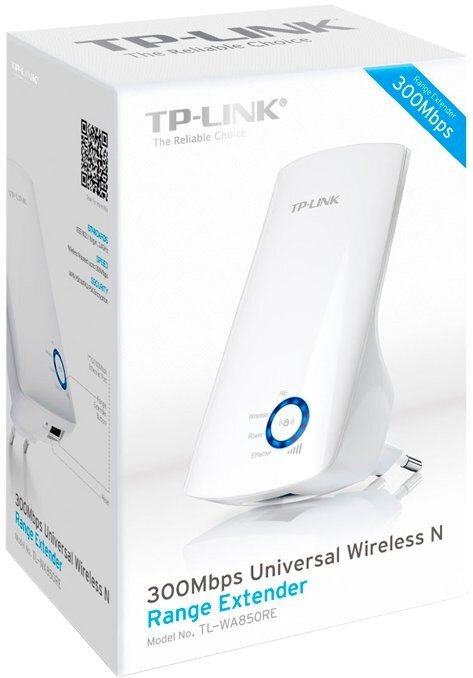 Białe pudełko extendera TP-Link. Extender jest biały, z niebieskim wskaźnikiem zasilania.