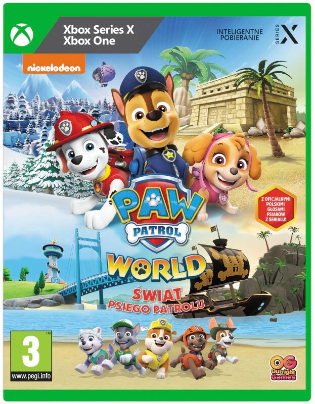 Okładka gry wideo Paw Patrol. Kreskówkowe szczeniaki na plaży, tytuł: Paw Patrol World.