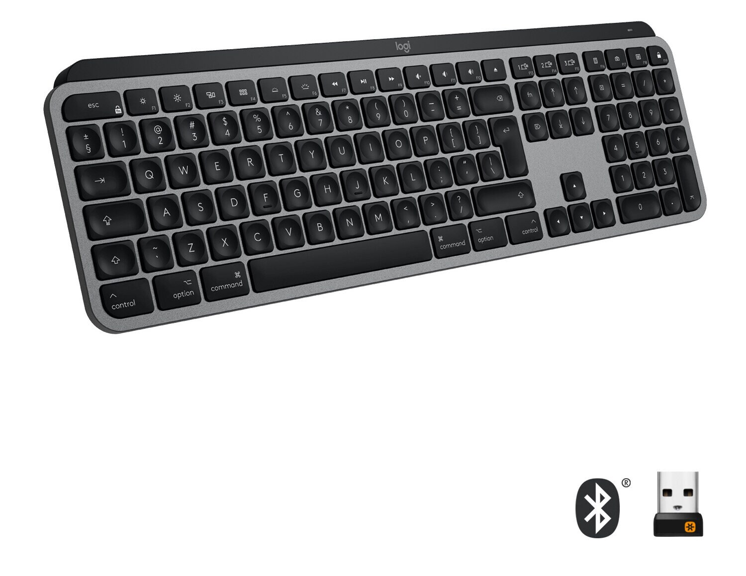 Klawiatura z czarną ramką i czarnymi klawiszami. Ikony Bluetooth i USB poniżej.