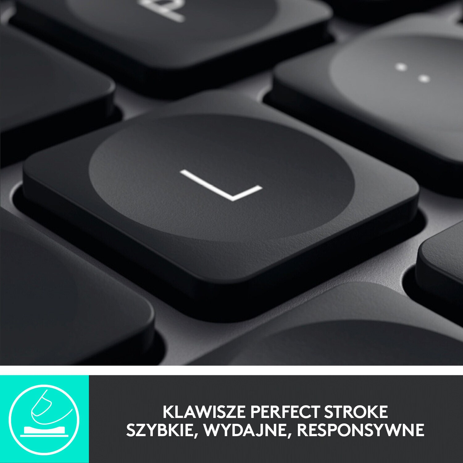 Zbliżenie czarnej klawiatury z podświetlonym klawiszem "L", tekst poniżej.