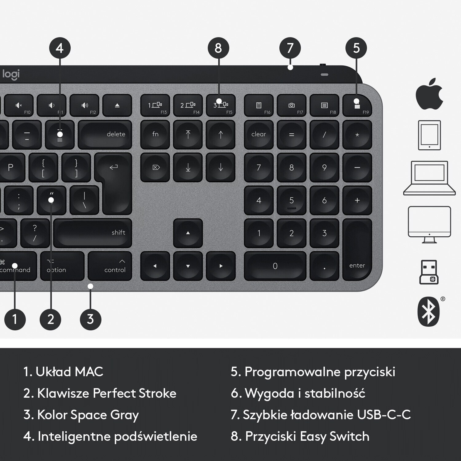 Klawiatura Logitech, ciemnoszara, widok z góry. Widoczne klawisze numeryczne, funkcyjne i ikony ekosystemu Apple.