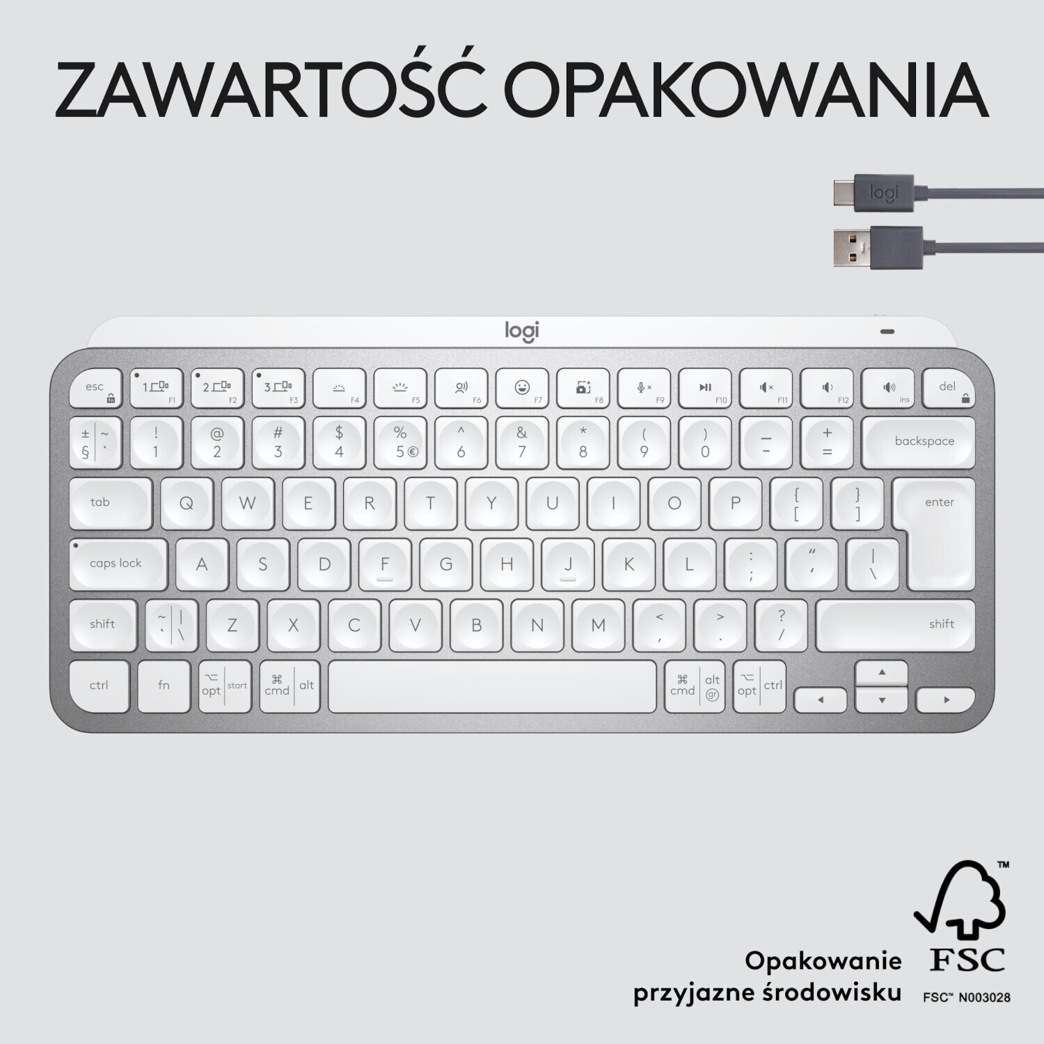 Klawiatura i dwa kable USB z napisem 'ZAWARTOŚĆ OPAKOWANIA'.