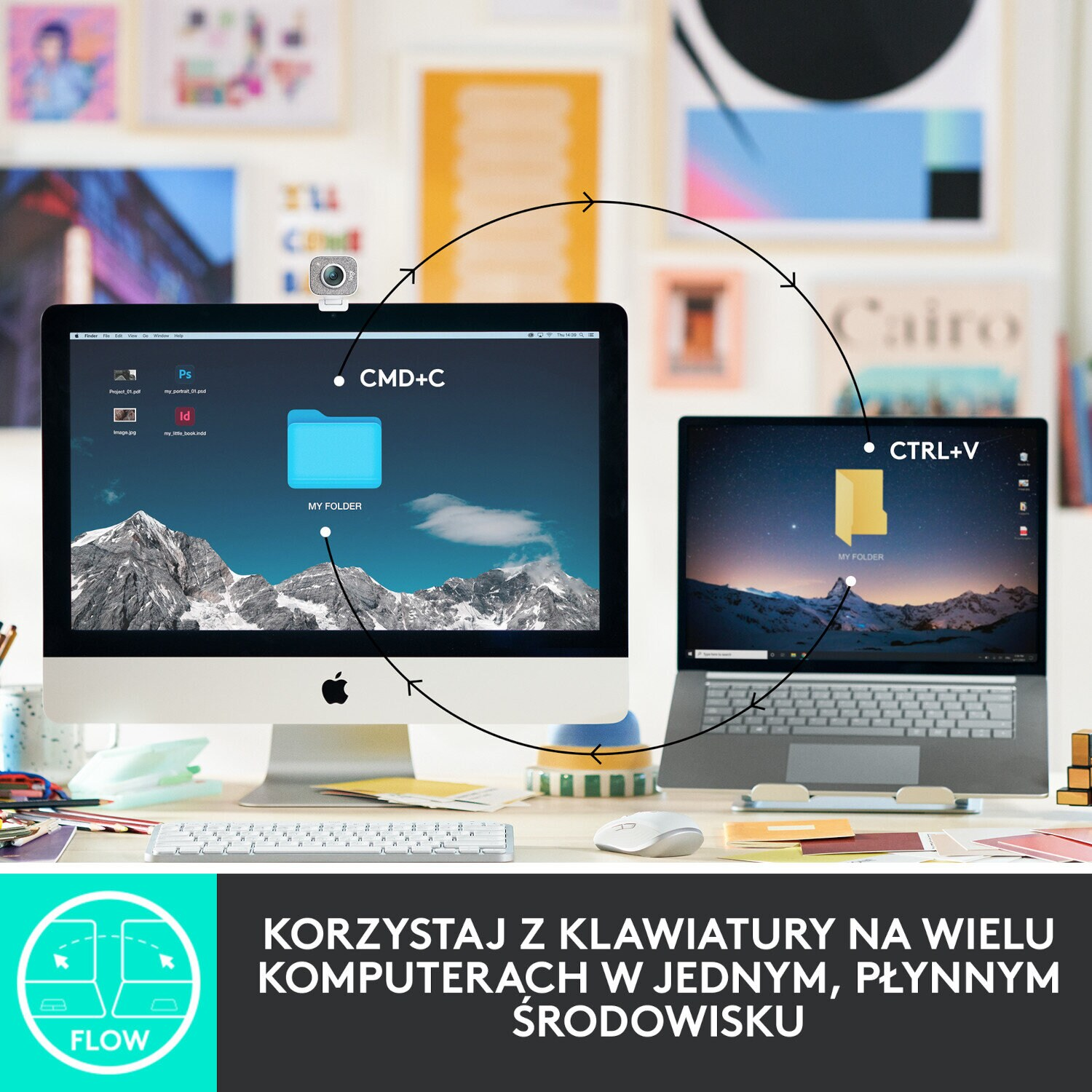 Dwa komputery z klawiaturą i myszą. Ekrany pokazują transfer plików.