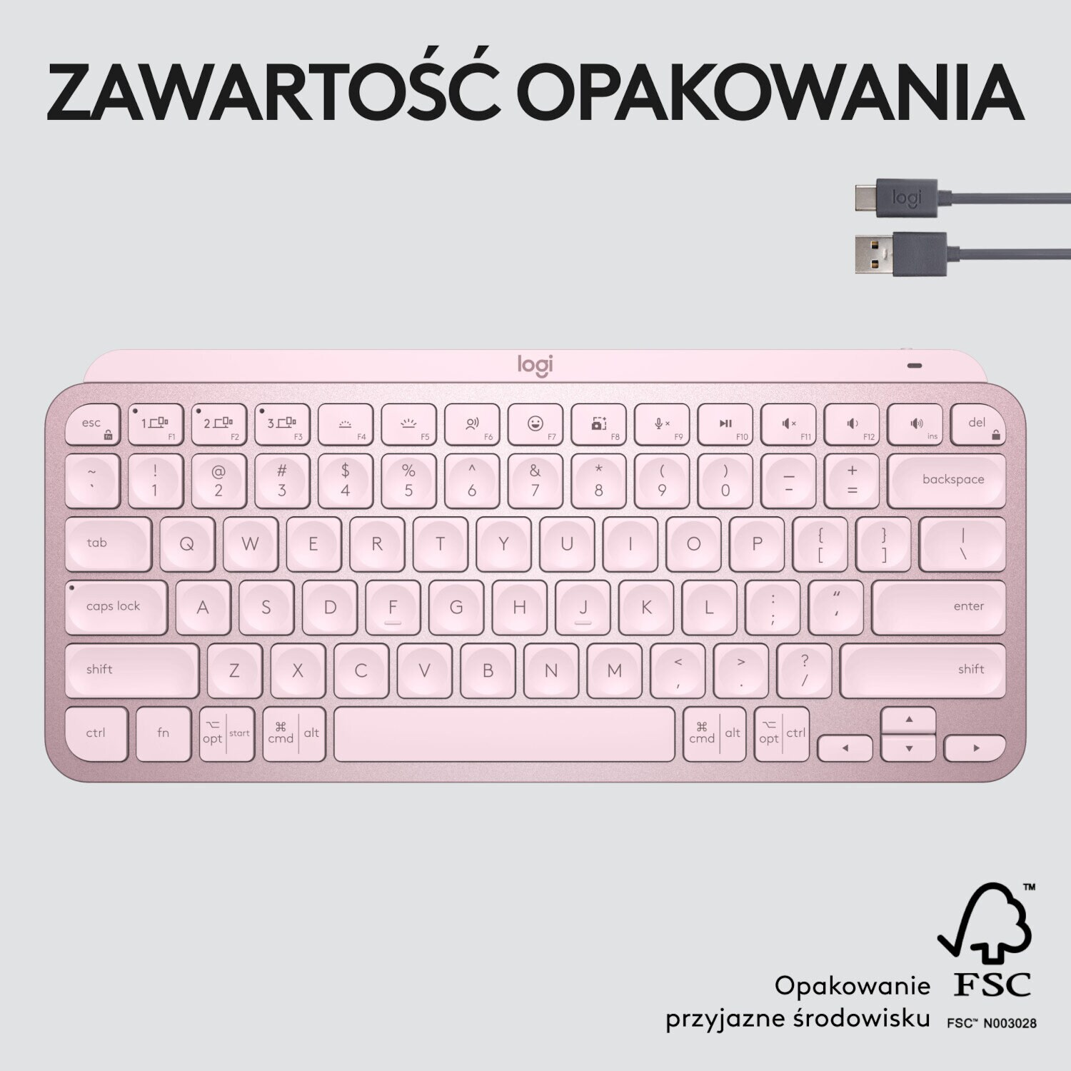 Różowa klawiatura z białym tłem i czarnym kablem USB.