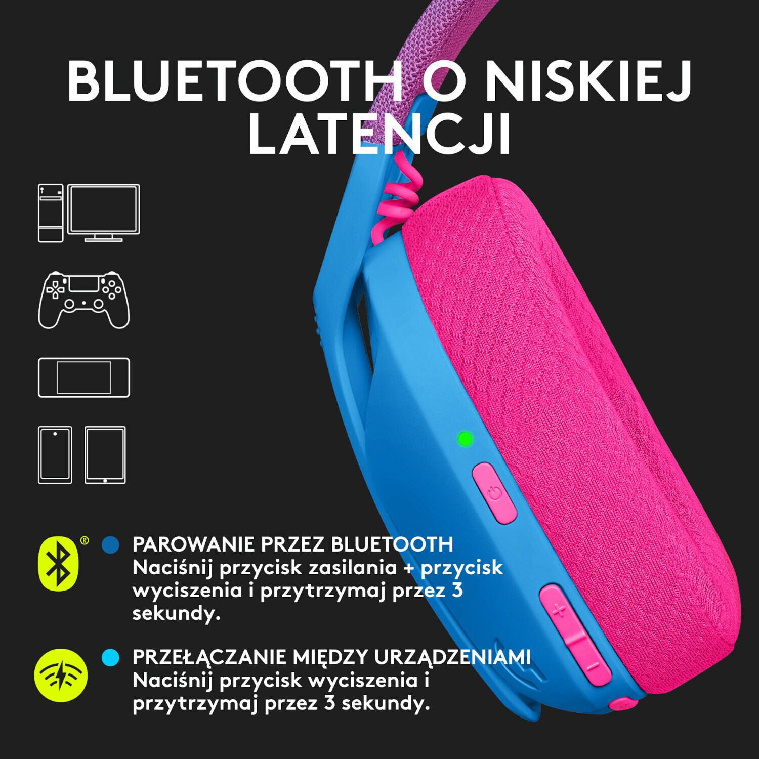 Niebieskie i różowe słuchawki z tekstem. Ikony pokazują parowanie i przełączanie urządzeń.
