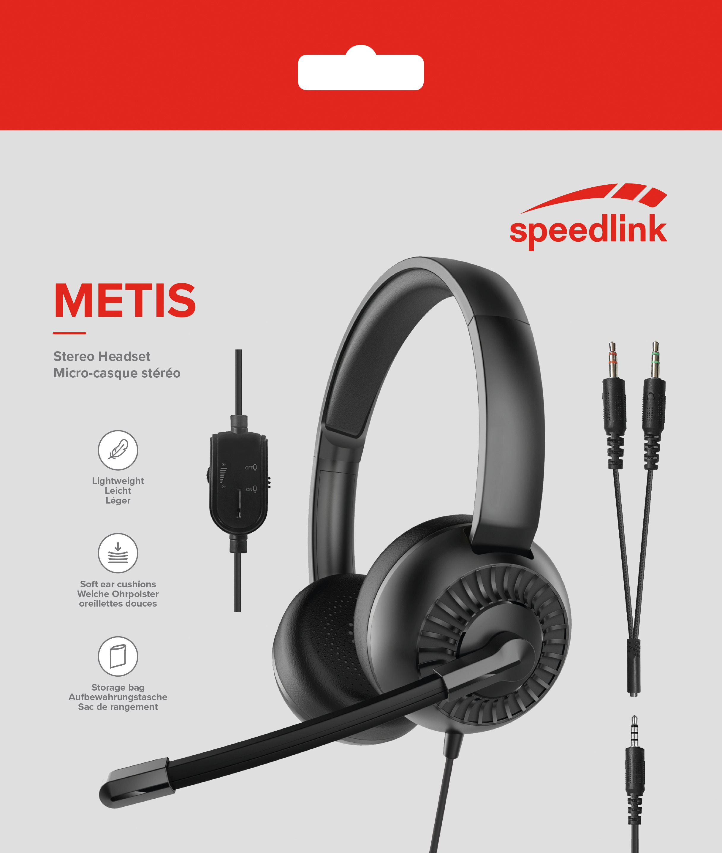 Schwarzes Headset mit Mikrofon und Kabeln. Marke Speedlink.