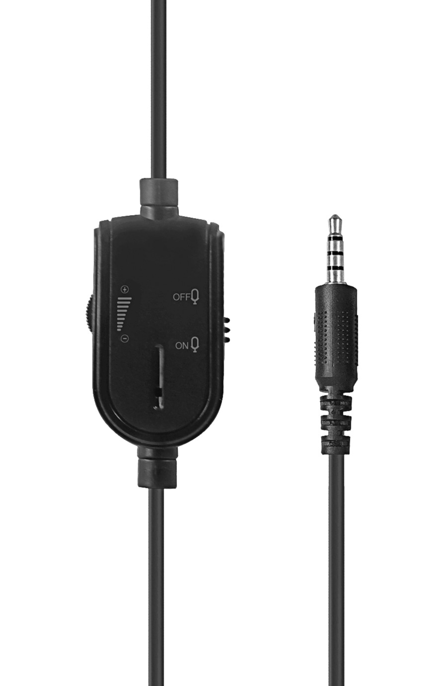Schwarzes Audiokabel mit Lautstärkeregler und 3,5-mm-Klinke.