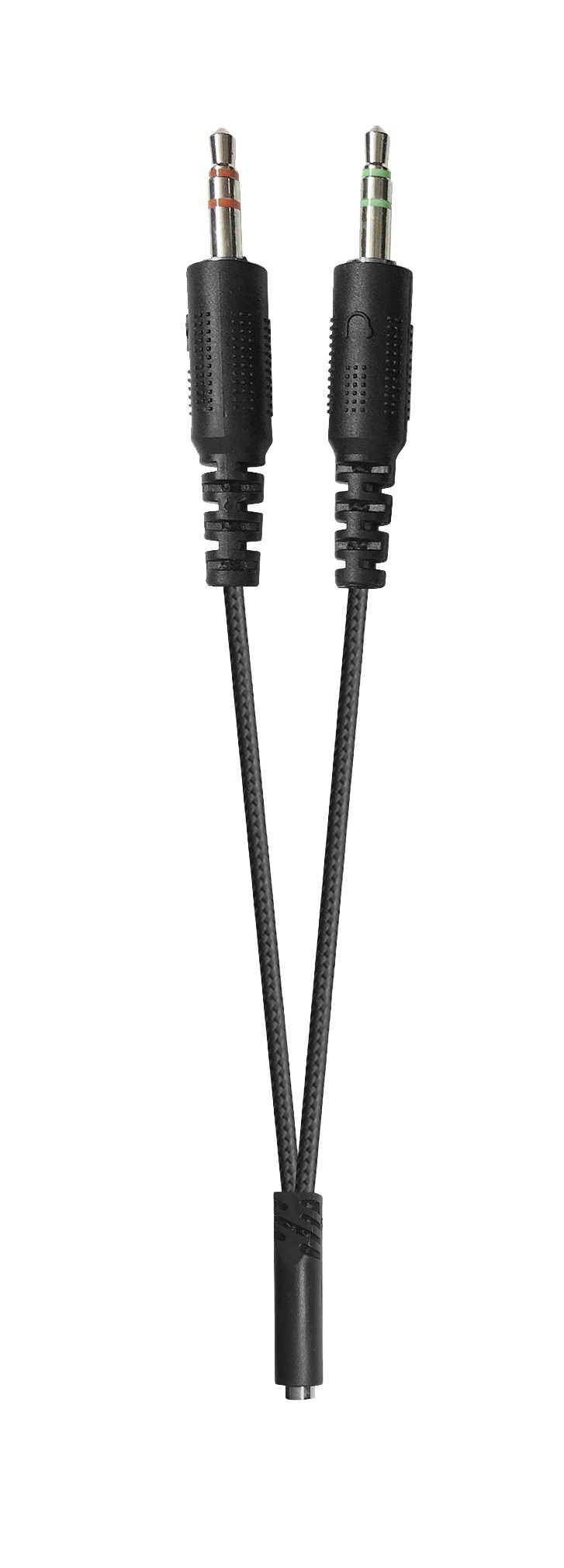 Zwei schwarze Audiokabel mit grünen und roten Steckern, verbunden mit einem schwarzen Adapter.