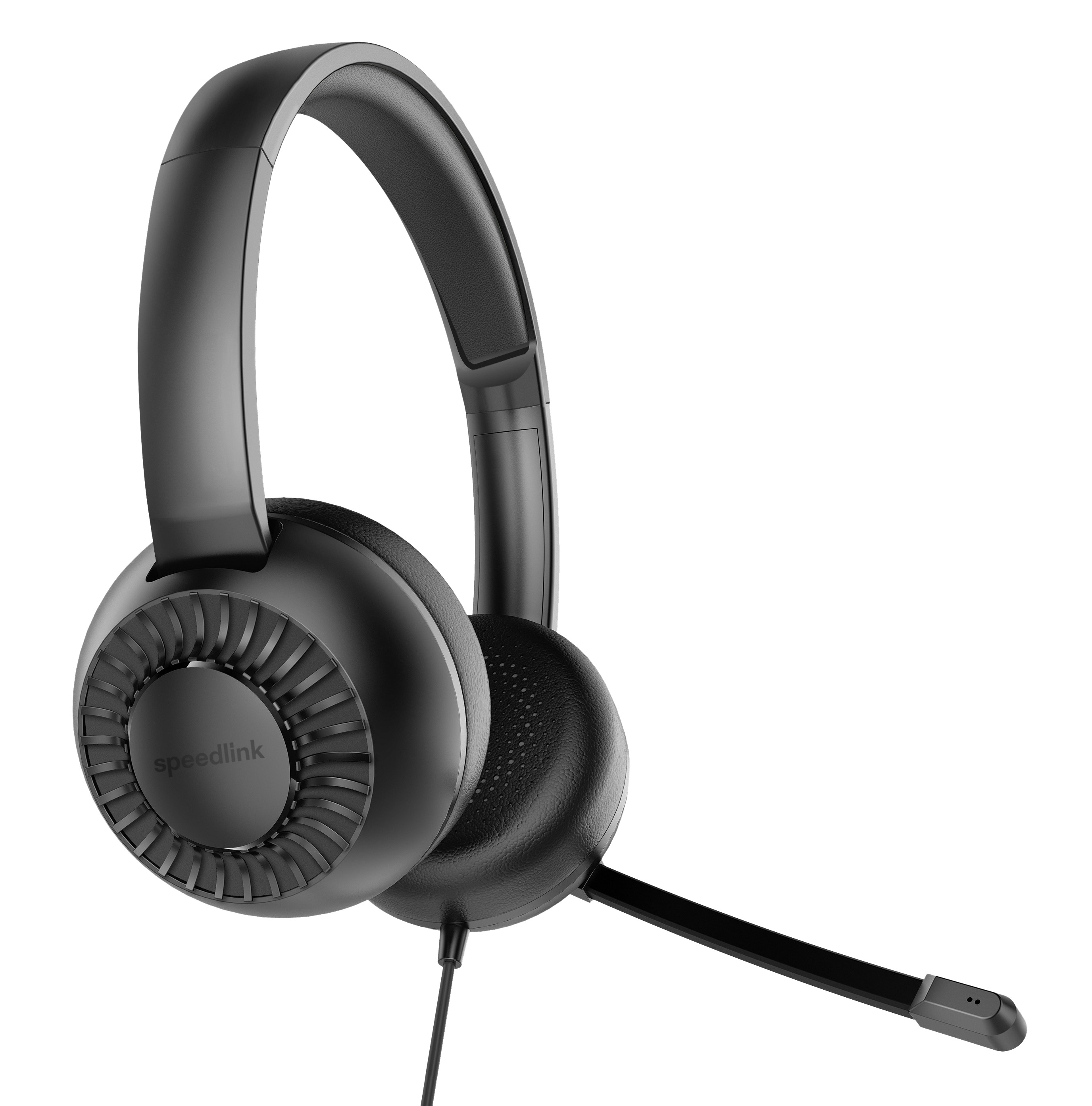 Schwarzes Headset mit Mikrofon. Die Ohrmuscheln sind rund, der Bügel verstellbar.