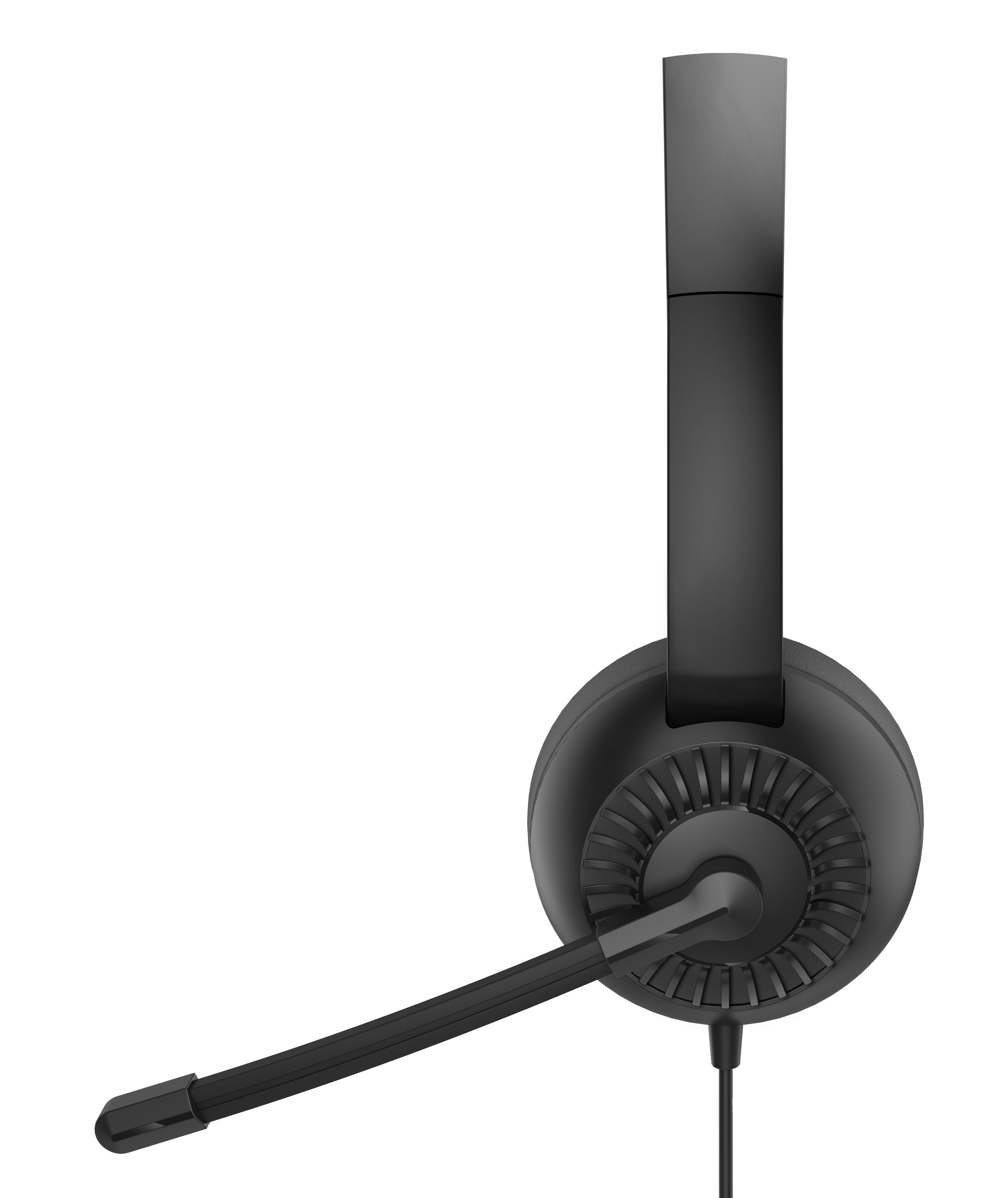 Schwarzes Headset mit Mikrofon, nach links abgewinkelt.