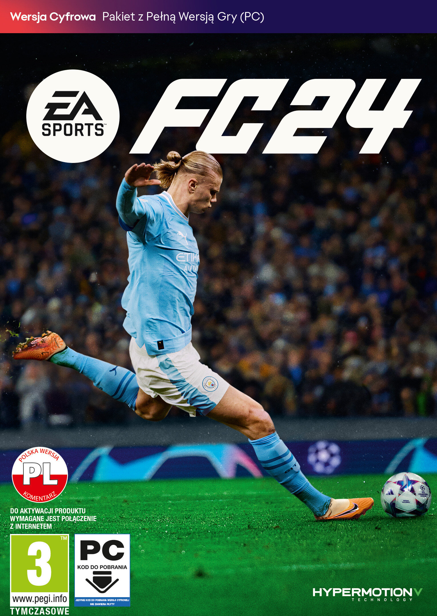 Okładka gry FC24 z piłkarzem kopiącym piłkę.