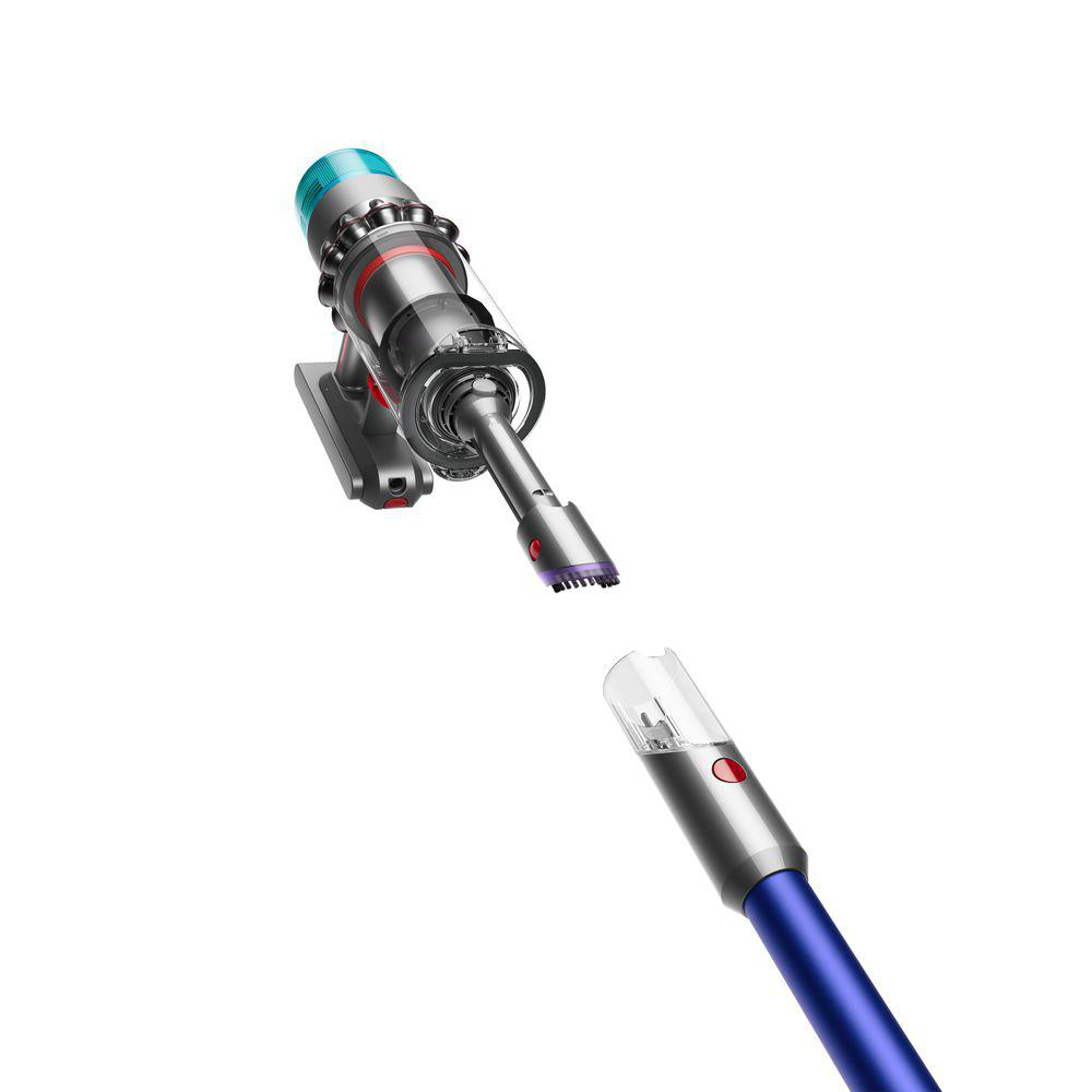 Dyson Akku-Staubsauger in zwei Teile zerlegt auf weißer Oberfläche.
