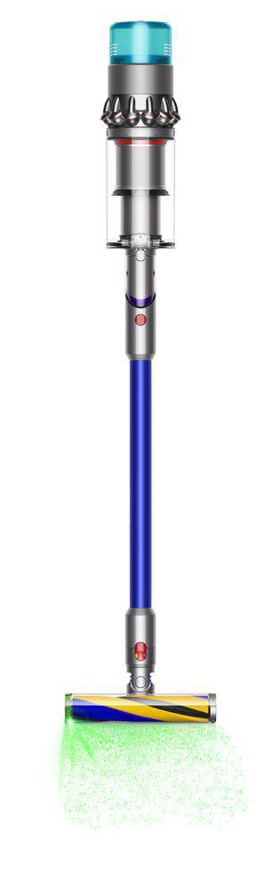 Aufrechter Staubsauger, blaues und silbernes Gehäuse, grünes Licht am Reinigungskopf.
