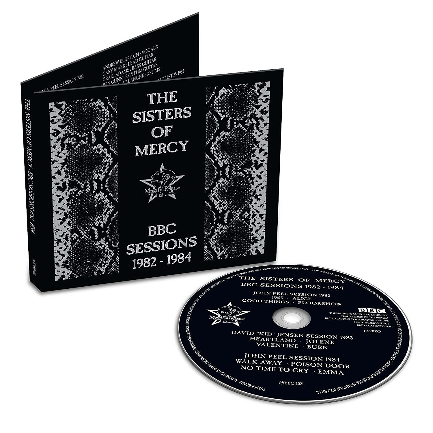 A The Sisters of Mercy BBC Sessions 1982-1984 album borítója és CD-je. Fekete-fehér dizájnnal rendelkezik.