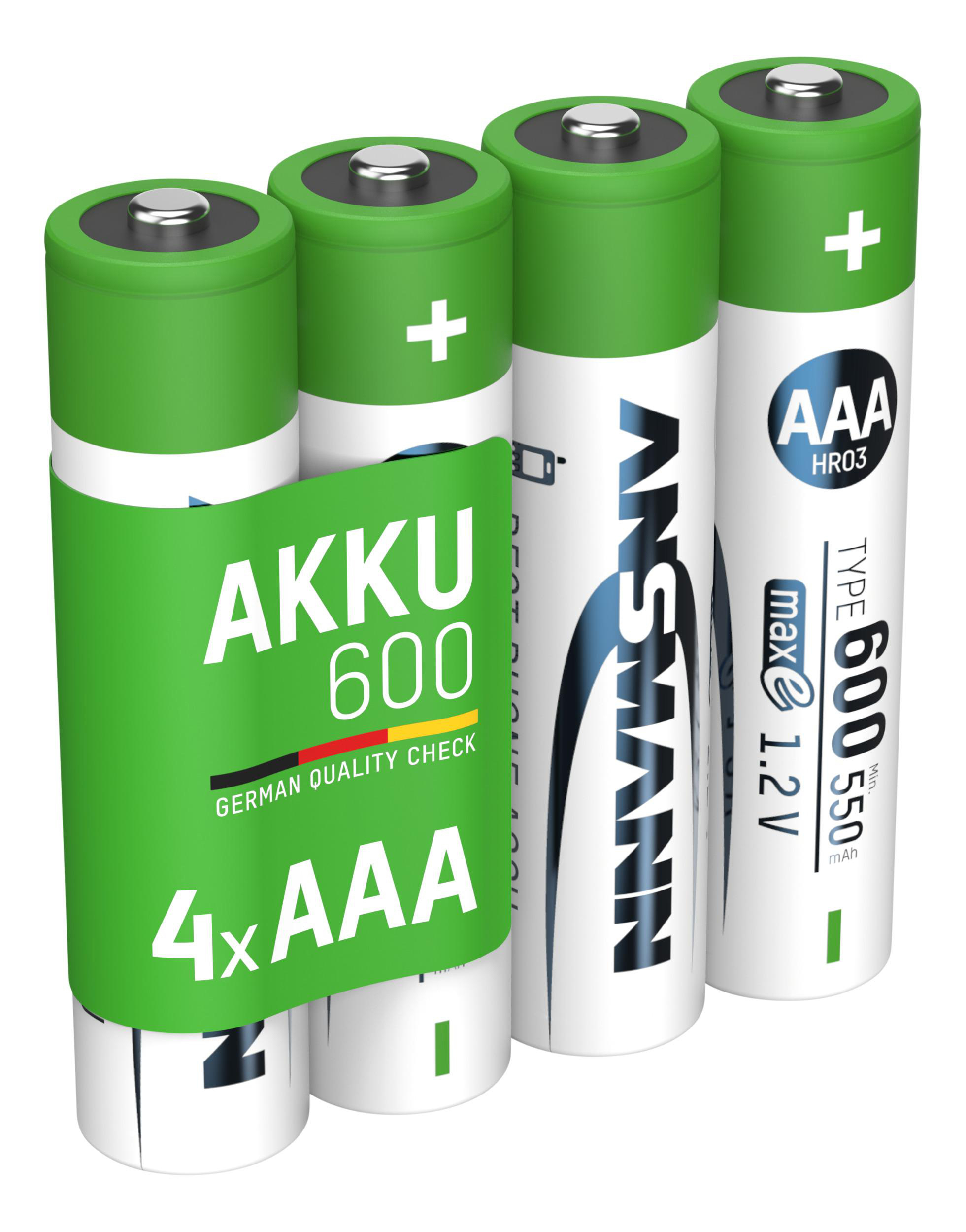 Vier AAA-Batterien. Grün und weiß mit schwarzem Text. Markenname: ANSMANN. German Quality Check.