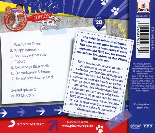 Rückseite eines TKKG Junior Buches, mit Text und Bildern. Beinhaltet Details des Buchcovers.