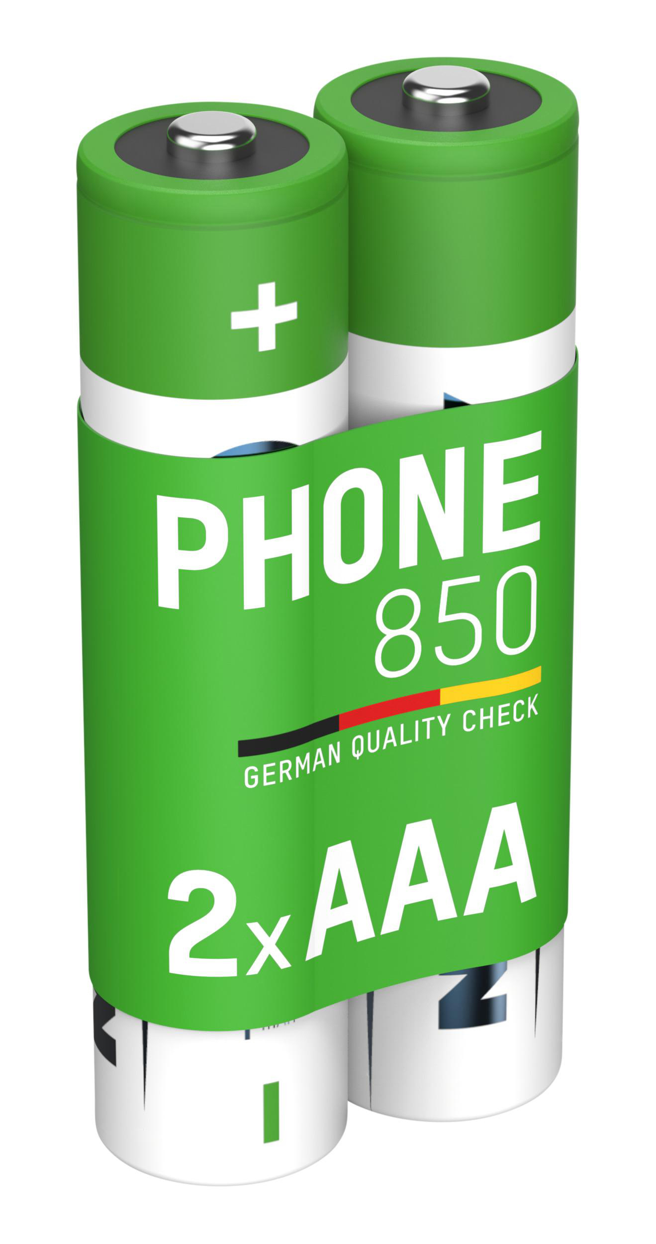 Zwei grüne AAA-Batterien mit weißem Etikett und dem Text „PHONE 850“ in Schwarz.