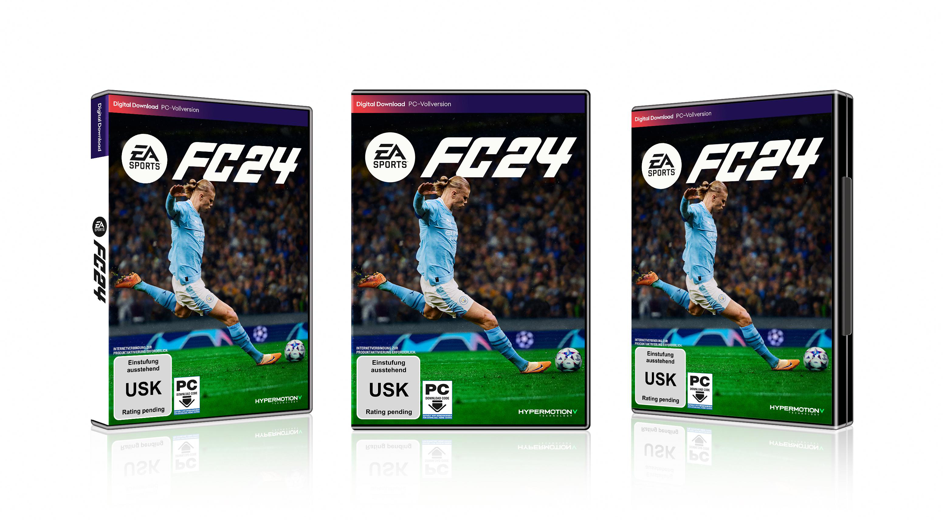 Drei Spielboxen mit gleichem Cover, ein Mann tritt einen Fußball.