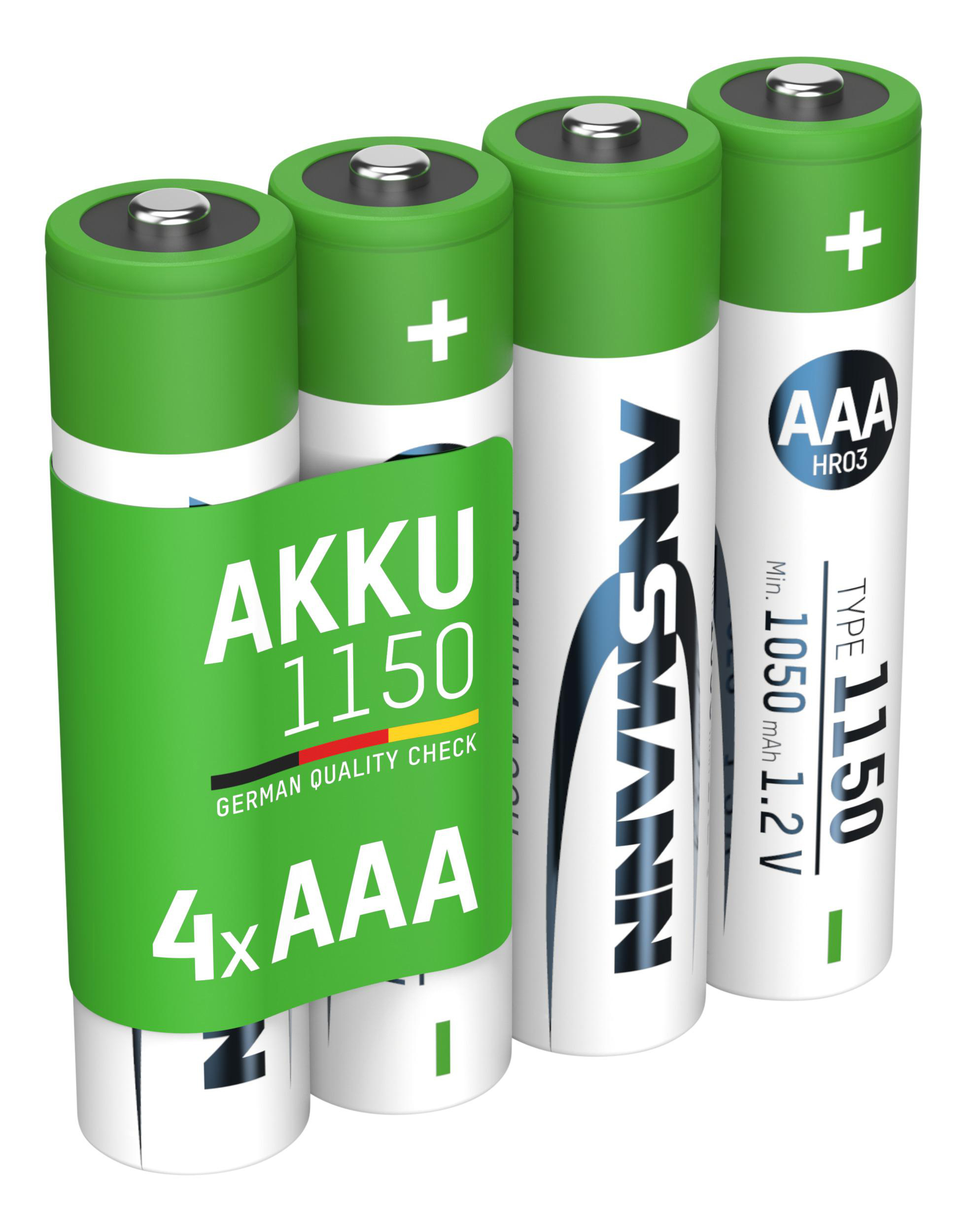 Vier AAA-Batterien, grüne Etiketten, weißes und grünes Gehäuse. Text: AKKU 1150, 4xAAA.