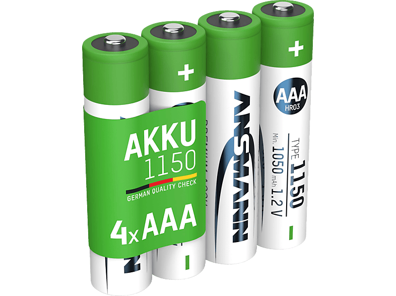 ANSMANN 4er Set NiMH Akku, Nickel-Metallhydrid, 1.2 Volt, 1150 mAh | Batterien