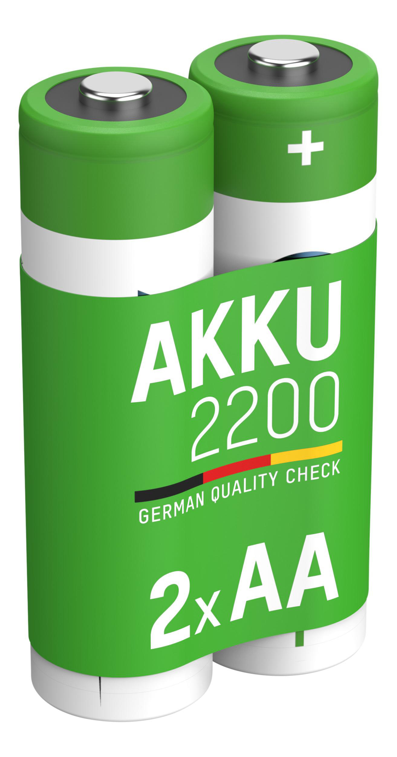 Zwei AA-Batterien, grüne und weiße Verpackung, mit Text "AKKU 2200". Weißer Hintergrund.