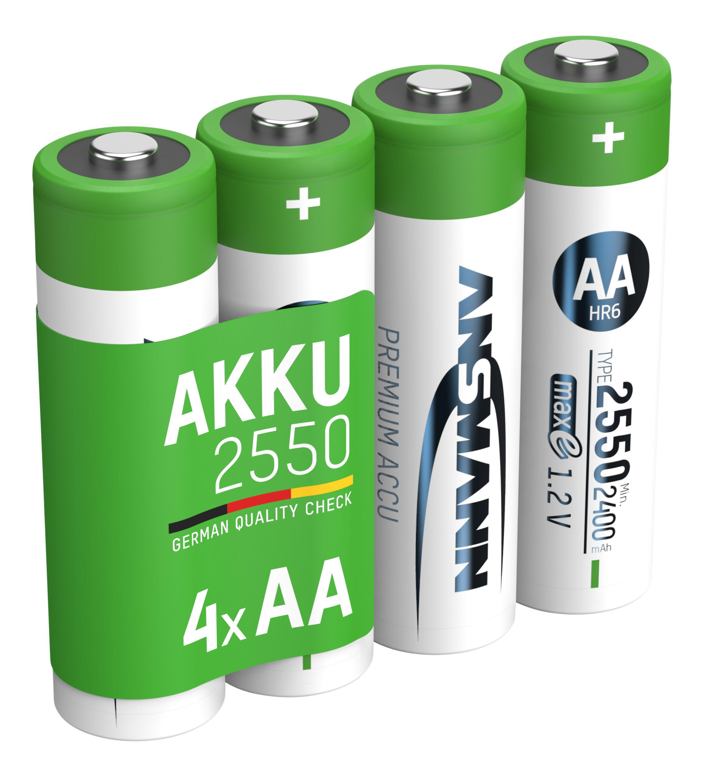Vier AA-Batterien, grünes Etikett mit weißem Text, auf weißem Grund.